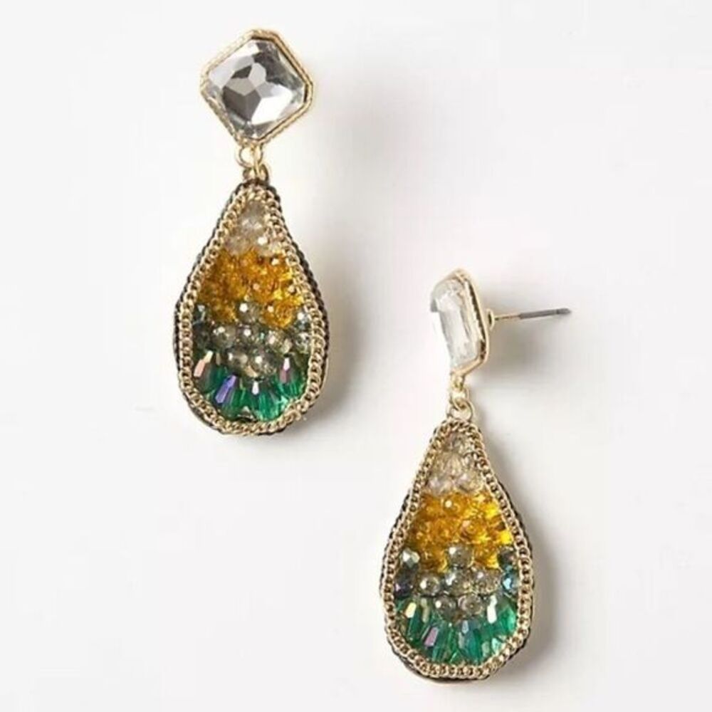 Anthropologie Seraglio Geode drops earrings green gems 14k gold plated metal.